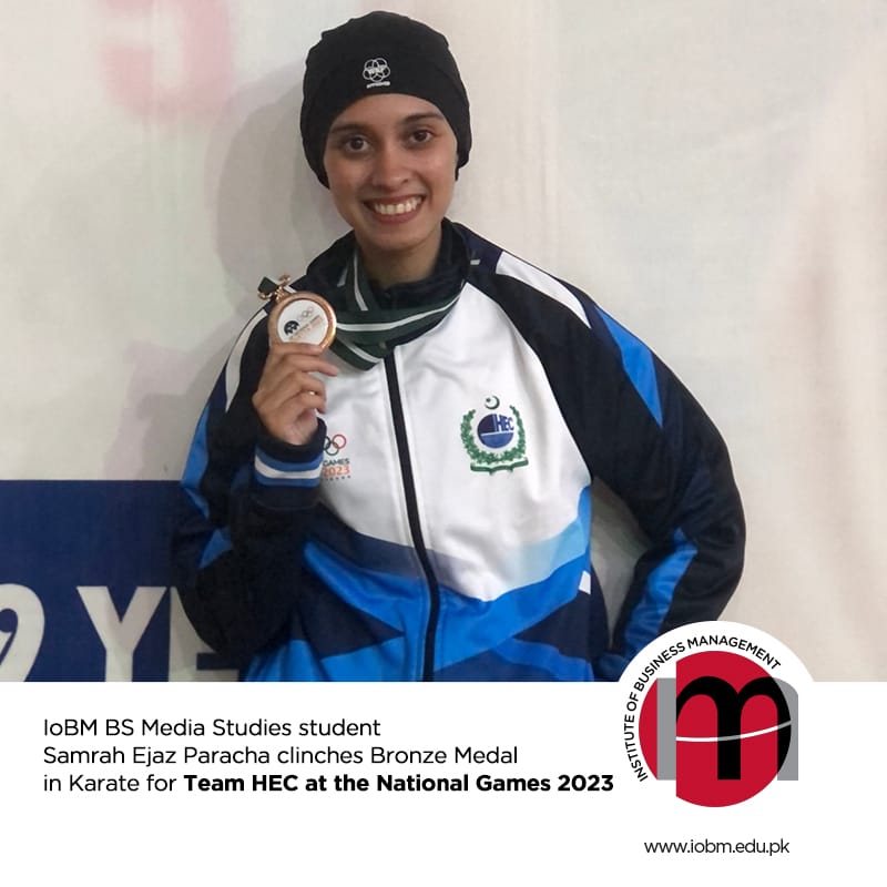 IoBM BS Media Studies student Samrah Ejaz Paracha clinches Bronze Medal in Karate for Team HEC at the National Games 2023